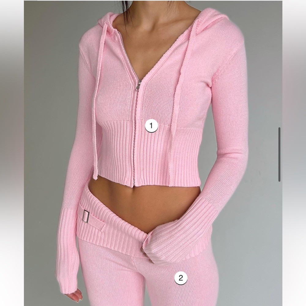 Frankie’s Bikinis Cloud Knit Aimee Zip Up and Fleur Pant Set Pink